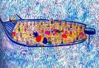 Migranti su una barca, disegno